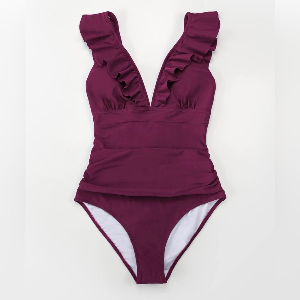 Elegant Plum Ruffle Swimsuit Size XL Burgundy Color